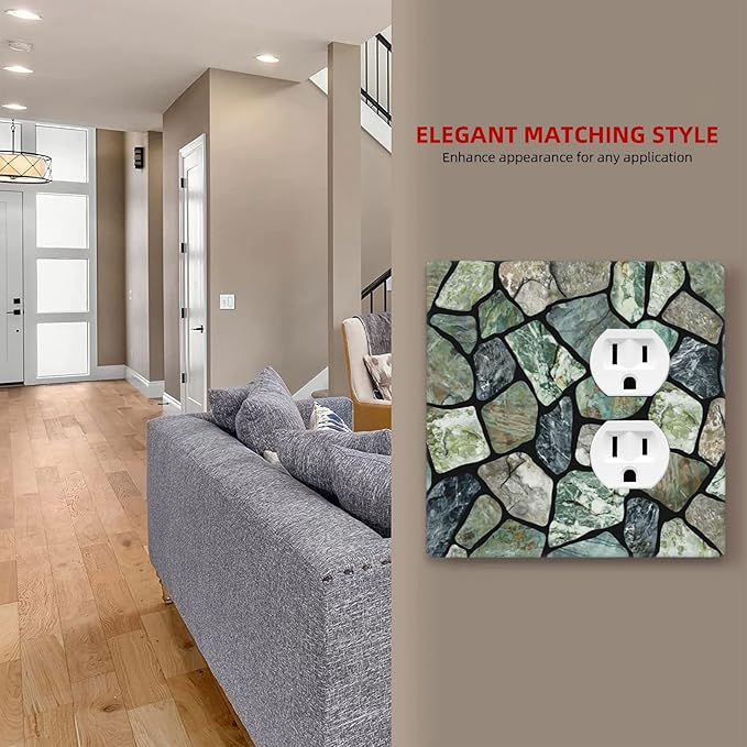 Green Stone Texture Combo Single Blank 1 Duplex Outlet Switch Wall Plate Cover Decorative 2-Gang for Electrical Room Bathroom Bedroom Home Kitchen One Receptacle 4.5" x 4.6"
