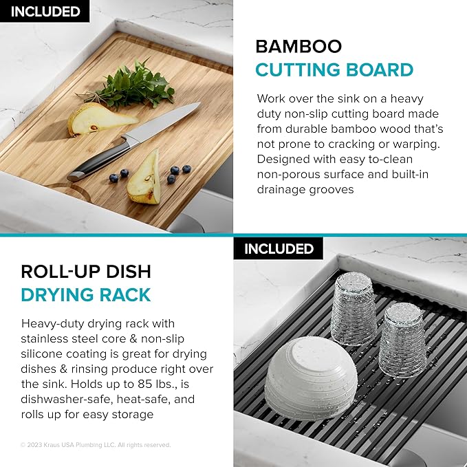 KRAUS KWU112-33 Kore Workstation 33-inch Undermount 16 Gauge Double Bowl Stainless Steel Kitchen Sink with Integrated Ledge and Accessories (Pack of 8)