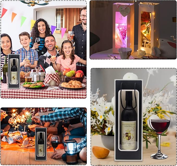 WAKAKO 12 Pcs Wine Gift Bags for Wine Bottles, Reusable Clear Window Wine Bottle Bags Bulk with Handles for Weddings, Valentine's Day, Birthday, Party, Graduations, Thanksgiving (Black)