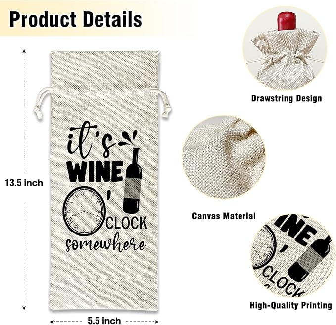 It's Wine O'clock - Wine Canvas Bag, Funny Wine Gift Bag, Birthday Gifts for Women Friend Wine Lover Gifts, Wine Bags for Wine Bottles Gifts, Wine Gifts With Drawstring Holiday Party Decoration -WB28