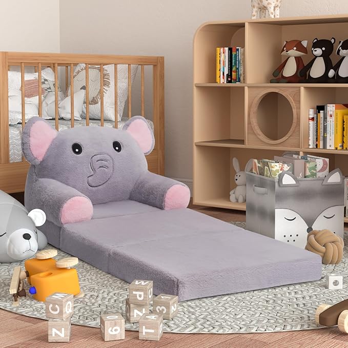 Kids Sofa Chair for Toddler, 2-in-1 Folding Soft Baby Couch with Removable Cover, Comfy Plush Children's Recliner, Convertible Floor Sofa Bed to Lounger for Girls Boys Age 1-3,Elephant Grey