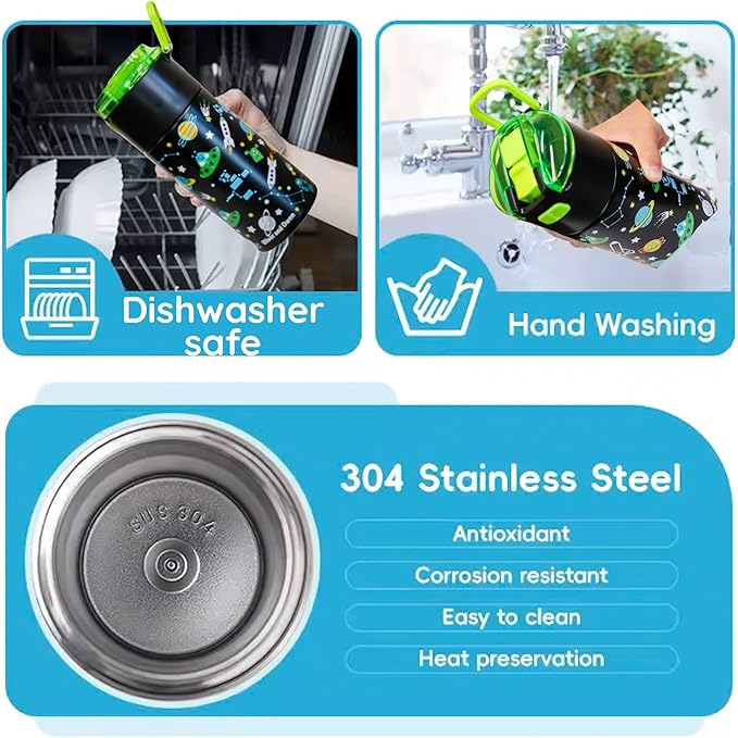 Kids insulated water bottle with straw and snack cup. Double wall stainless steel 14oz (hot peach and light turquoise dinosaur)