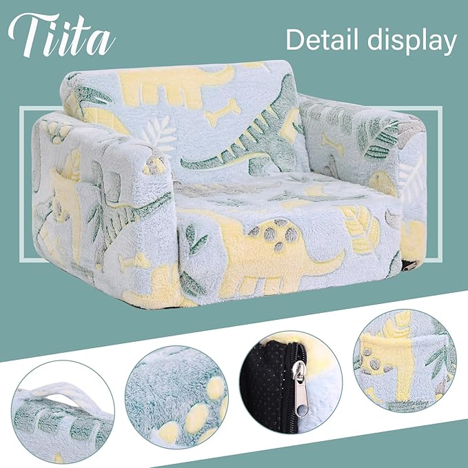 Tiita Kids Sofa, 2-in-1 Kids Sofa Chair, Convertible Children Couch to Lounger, Flip Out Kids Sofa Chair, Glow in The Dark Toddler Armrest Chair Bed for Girl or Boy (Grey Dinosaur)