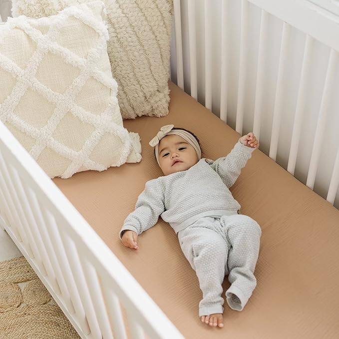 Konssy Muslin Fitted Crib Sheets 100% Cotton Baby Crib Sheets for Standard Crib Mattress (28 X 52 Inches), Soft and Breathable for Boy, Girl (Sepia)