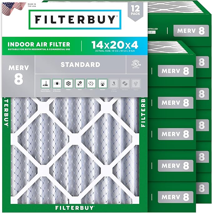 Filterbuy 14x20x4 Air Filter MERV 8 Dust Defense (12-Pack), Pleated HVAC AC Furnace Air Filters Replacement (Actual Size: 13.50 x 19.50 x 3.63 Inches)