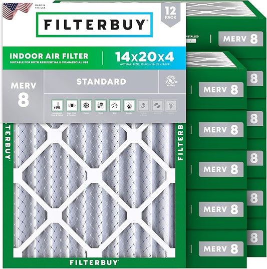 Filterbuy 14x20x4 Air Filter MERV 8 Dust Defense (12-Pack), Pleated HVAC AC Furnace Air Filters Replacement (Actual Size: 13.50 x 19.50 x 3.63 Inches)
