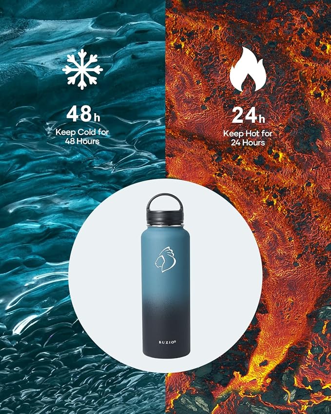BUZIO Water Bottle with Straw lid, Spout Lid, Hand Lid and Carrying Pouch, 32oz 40oz 64oz Stainless Steel Water Flask Jug, Cold for 48 Hrs Hot for 24 Hrs Double Vacuum Thermo Canteen Mug, BPA-Free