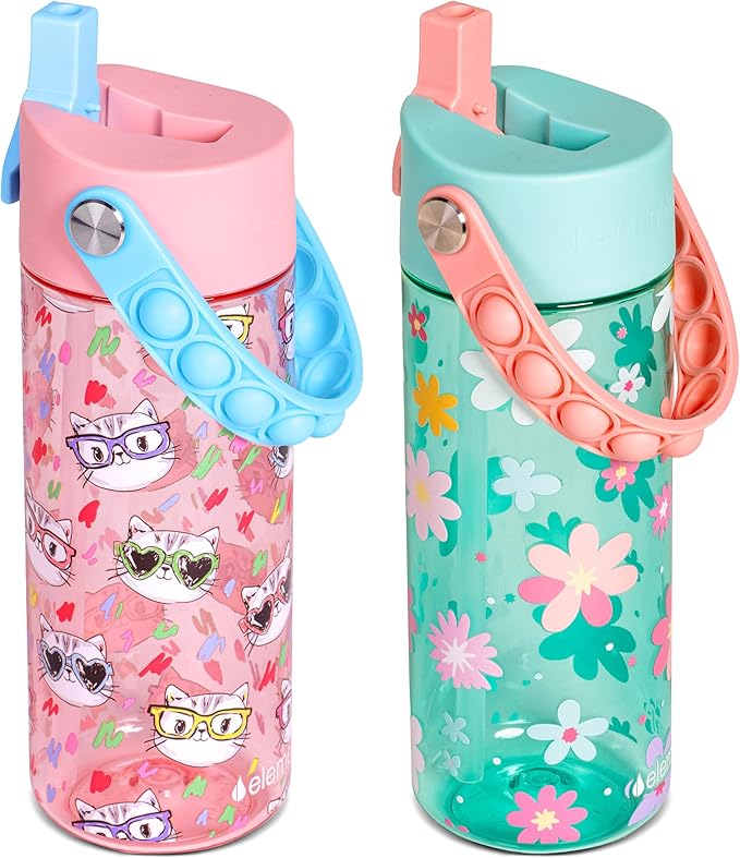 Elemental Leak Proof Water Bottles for Kids - Splash Kids Water Bottle for School with Fun Fidget Pop-it Handle - Tritan Plastic Water Bottle with Straw - Stylish Cat & Spring Blossom - 18oz (2 Pack)