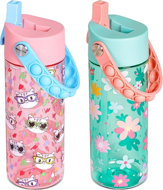 Elemental Leak Proof Water Bottles for Kids - Splash Kids Water Bottle for School with Fun Fidget Pop-it Handle - Tritan Plastic Water Bottle with Straw - Stylish Cat & Spring Blossom - 18oz (2 Pack)