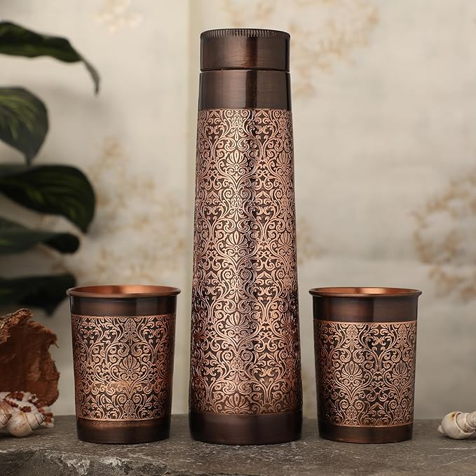 Pure Copper Water Bottle with 2 Tumblers Set, Beautiful Floral Pattern Light House Shape For Ayurveda Health Benefits