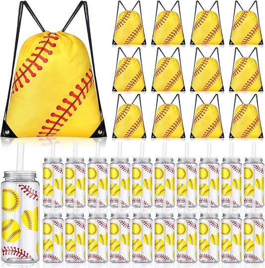 40 Pcs Softball Team Gifts Include Softball Drawstring Bag Softball Cups with Lid and Straw 14.2 oz Reusable Clear Plastic Drinking Cups for Birthday School Sport Decorations Party Supplies