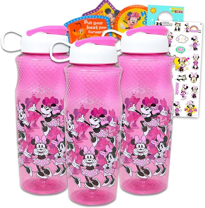 Minnie Mouse Water Bottle Set for Kids – Bundle with 3 Minnie Mouse Drinking Bottles, Disney Pencil Toppers, and More | Classic Minnie Drinking Cups