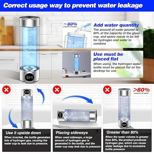 Newest Hydrogen Water Bottle, Ion Hydrogen Water Bottle Generator, Pure Water Electrolysis, Double Glass, Power Display, Electrolysis Timer, for Office, Travel, Gift for Love, Silver
