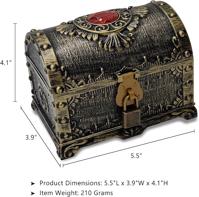 Kids Pirate Treasure Chest Storage Box,Red Rhinestone Inlaid Top Decorative Pirate Chest with Lock and Key for Kids Birthday,Halloween, Christmas Pirate Party Favors
