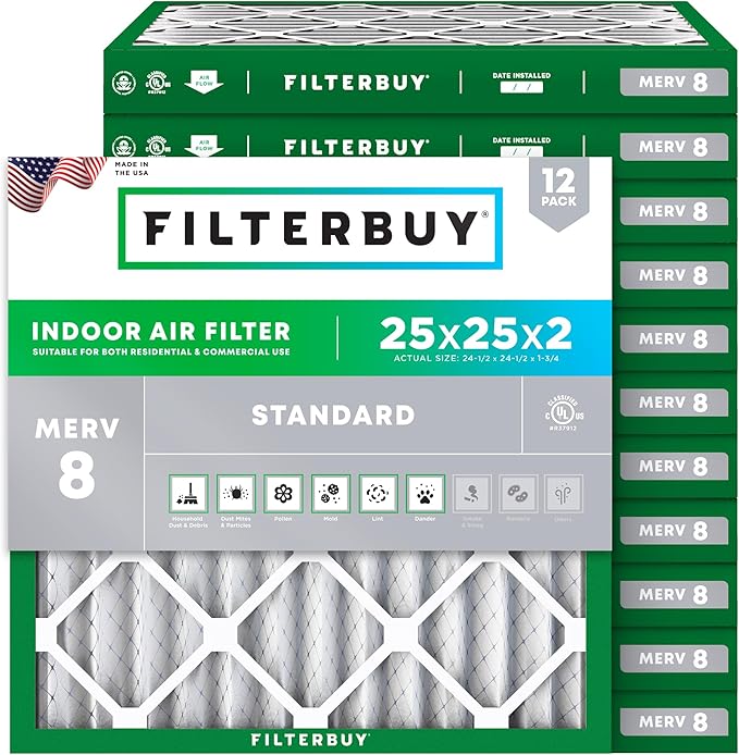 Filterbuy 25x25x2 Air Filter MERV 8 Dust Defense (12-Pack), Pleated HVAC AC Furnace Air Filters Replacement (Actual Size: 24.50 x 24.50 x 1.75 Inches)