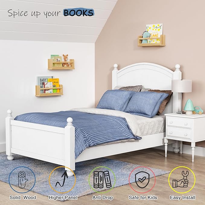 Wooden Wall Bookshelf for Kids Room, Natural Wood Floating Nursery Book Shelves for Baby Toddler Child Bedroom, Cute Wall Mount Bookshelves for Teen Girls Boys Closet Classroom Library