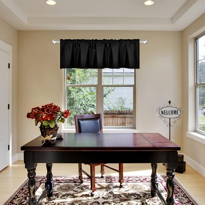 Black Valance for Windows 72x18 Inch Solid Thermal Insulated Blackout Rod Pocket Kitchen Short Curtain Toppers Valance for Bathroom Living Room 1 Panel