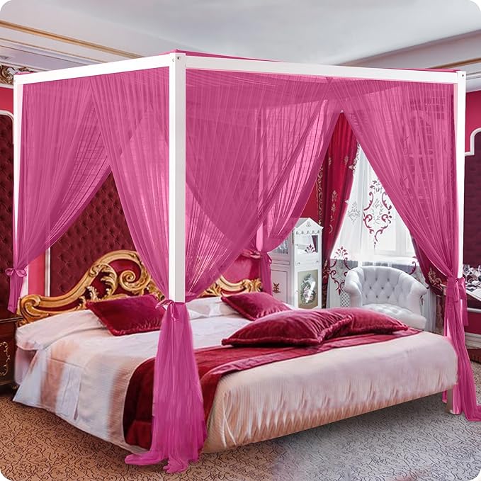 South to East Canopy Bed Curtains, 4 Corner Post Queen Bed Canopy for Girls, Wine Red Bed Drapes for Bedroom, King Canopy Bed Curtain, 100% Ripstop Polyester, Easy Installation, King/Queen Size Rose