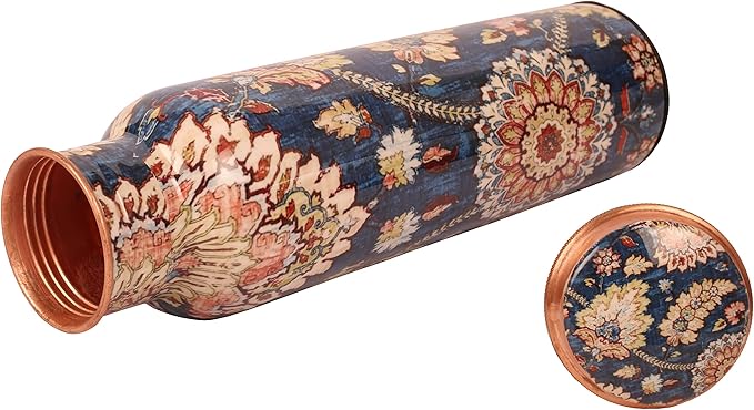 Pure Copper Water Bottle - Handcrafted - Ayurveda health benefits - Large 35 oz - Leak proof - Easy to carry for Sports, Fitness, Yoga, School - Indigo Blue Base Floral Patterns Enamel
