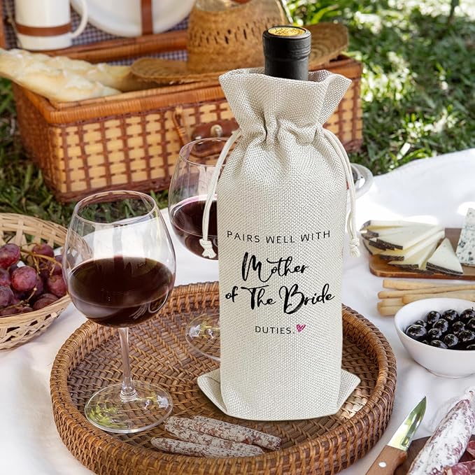 Pairs Well with Mother of the Bride Duties - Gifts for Bride's Mother Wine Bags, 1 PC Reusable Drawstring Burlap Wine Bottle Bags, Wedding Gifts for Mom, Wedding Party Favors -41