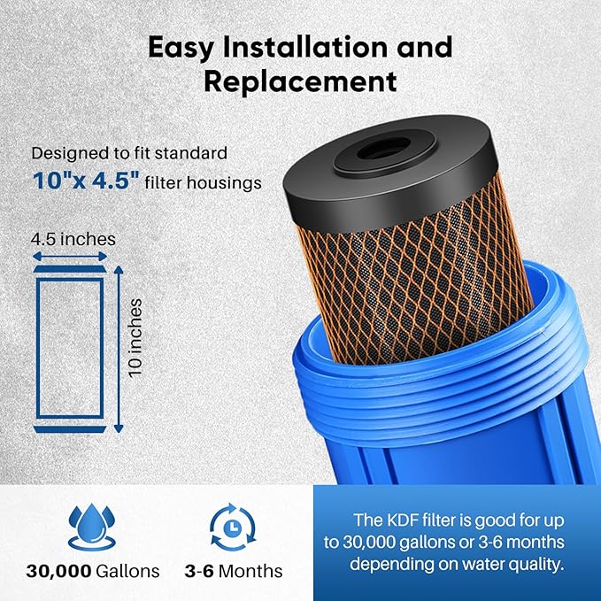 PUREPLUS 5 Micron 10" x 4.5" Whole House Coconut Shell Activated Carbon and KDF Water Filter, Heavy Metal Removal Replacement Water Filter, CTO10BB-KDF, 2 PACK