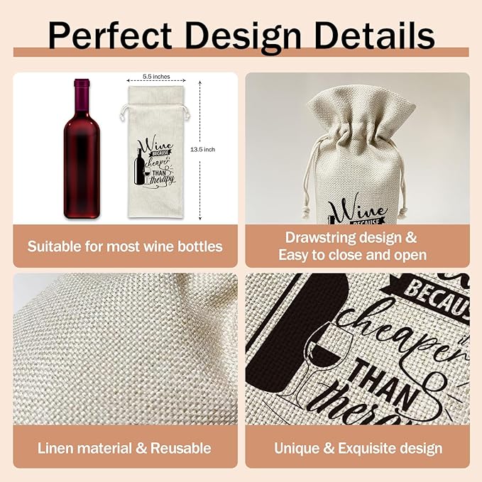 Wine Gift Bag, Gift for Women Men Sister Friends Wine Enthusiasts, 1pcs Wine is Cheaper Than Therapy Reusable Burlap Drawstring Wine Gifts Bag for Wine Bottles, Holiday Party Favor -06