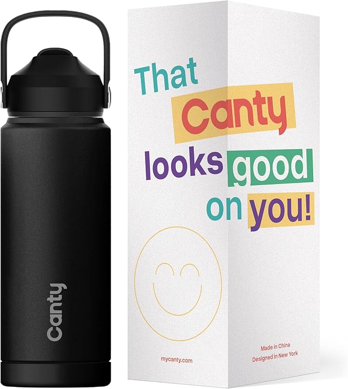Canty Stainless Steel Water Bottle with Straw, Anti-Slip Base and Giftable Full Colored Box, Great for Travel (Onyx Black, 24 Oz)