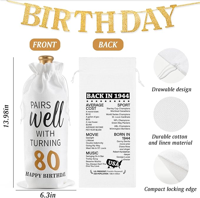 Lifecapido 80th Birthday Gifts for Women, Vintage 1944 Limited Edition Insulated Wine Tumbler with Wine Bag, Birthday Gifts for 80 Year Olds Woman, 80 Year Old Birthday Gifts for Mom Grandma, 12 oz