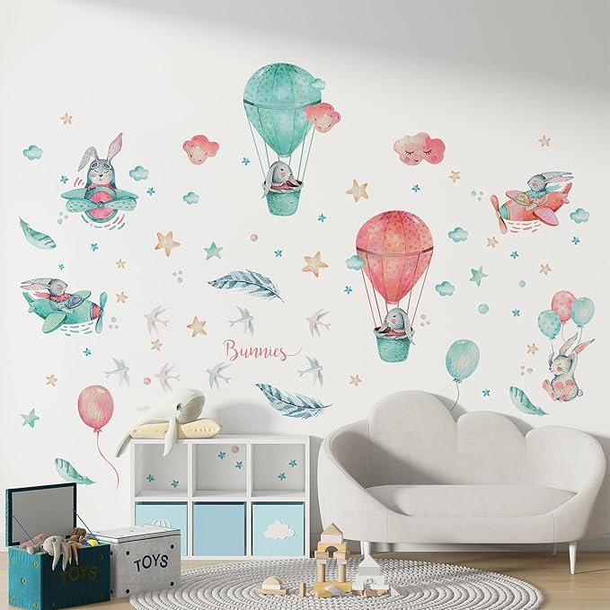 Bunny Wall Decals for Kids by Lipastick - 69 pcs Rabbits Wall Stickers Peel and Stick - Hot Air Balloon Wall Decals for Girls Boys Kids Baby Nursery Room Bedroom - Bunies Wall Decor Aircraft M Size
