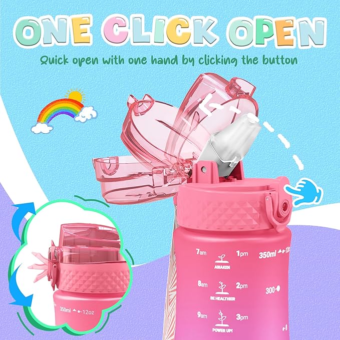 OLDLEY Kids Water Bottle for School, 12 oz (2 lids) BPA-Free Reusable Leak-proof Durable Tritan Plastic Water Bottles with Straw & Chug Lids, Anti-dust Spout Cover (Sweet Pink)