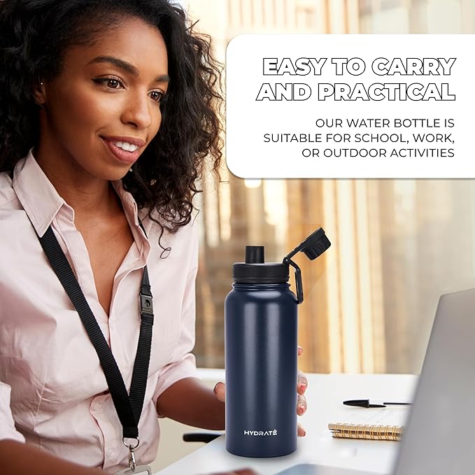 HYDRATE Insulated Stainless Steel Water Bottle - Large Reusable Flask with Leak-Proof Design and Convenient Handle - Double Vacuum Insulation for School, Work, or Adventure