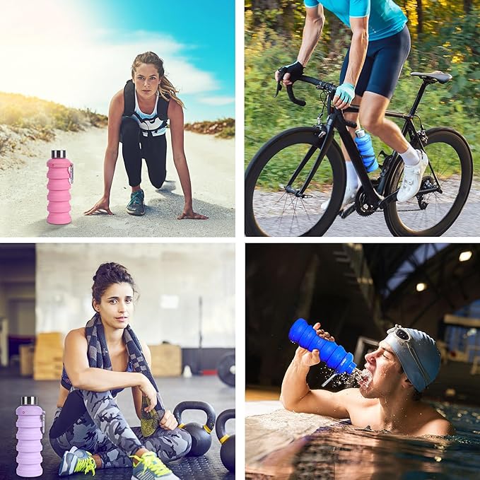 JaneJu Collapsible Water Bottle, 17oz BPA Free Silicone Reusable Portable Lightweight Foldable Water Bottles with Carabiner, Portable Leak Proof Sports Water Bottle (Blue)