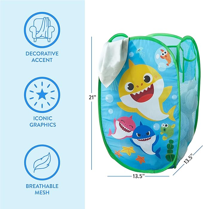 Idea Nuova Baby Shark Pop Up Hamper Storage Bin with Durable Carry Handles, 21" H x 13.5" W X 13.5" L