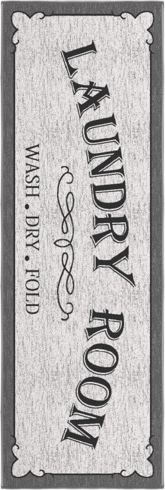 Ottomanson Laundry Collection Non-Slip Rubberback Laundry Text Design 2x5 Laundry Room Runner Rug, 20" x 59", Light Gray
