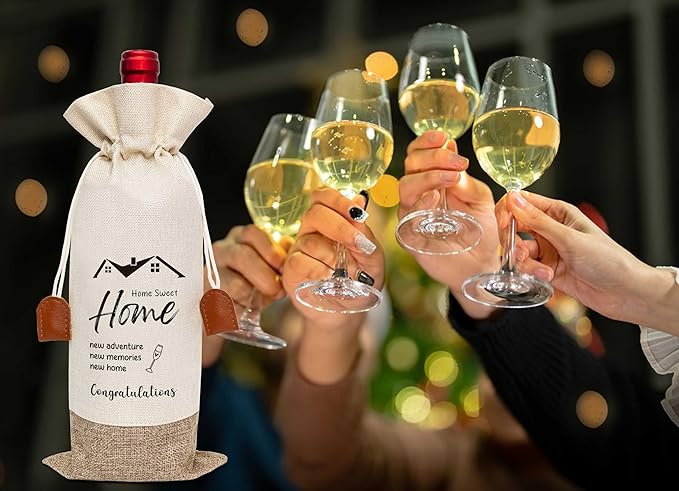 Housewarming Gifts Wine Bag, First New Home House Homeowner Gift, Cotton Linen Wine Gift Bag With Drawstring, Client Gift From Realtors, Sweet Home Congrats Gift for Women Men Wife Husband-37