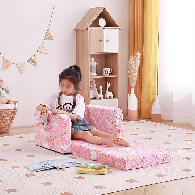 Tiita Toddler Chairs, 2-in-1 Kids Sofa Bed Fold Out, Plush Children's Foam Chair for Boys and Girls, Small Convertible Couch for Baby, Pink Rainbow