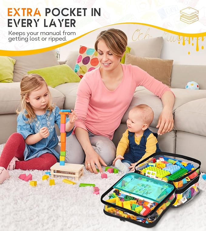 MISSLO 3-Layer Lego Storage Organizer with 3 Manual Pockets Clear Lego Storage Bag for Toys, Puzzles, Bricks, Building Blocks, Crafts (Black)