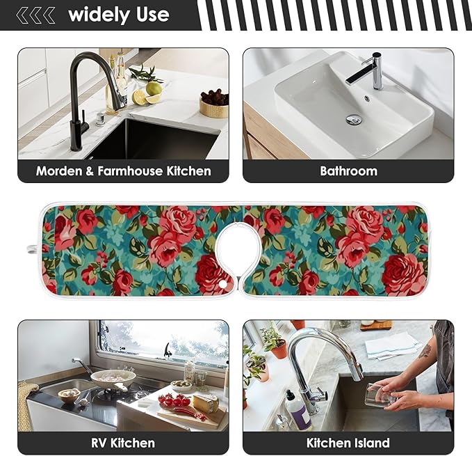 Kitchen Faucet Absorbent Mat, Rose Water Splash Guard for Sink, Faucet Drip Catcher Thicken Sponge Microfiber Faucet Water Catcher Mat Sink Absorbent Mat for Kitchen 30x5in 2Pack