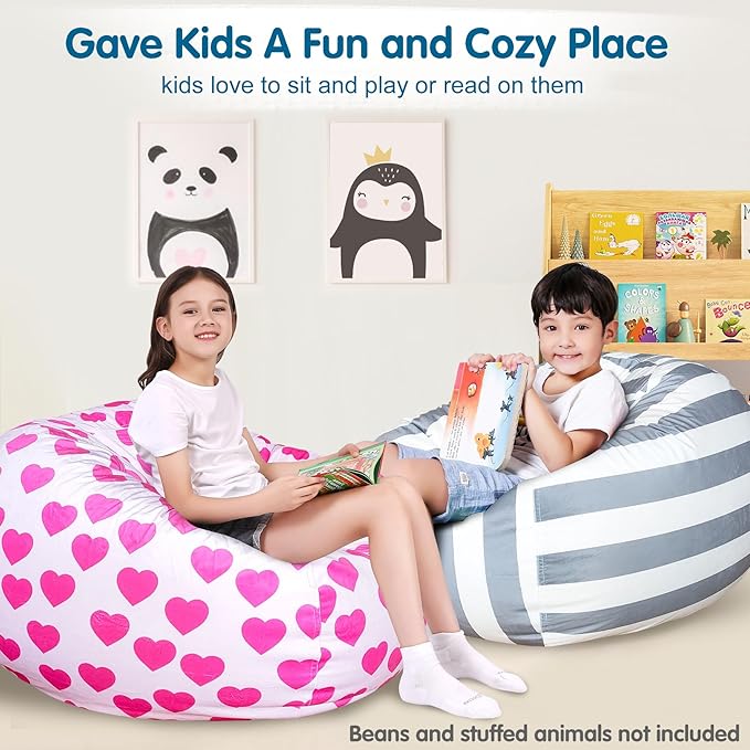 Lukeight Stuffed Animal Storage Bean Bag Chair Cover for Kids, Zipper Beanbag Chair Cover for Organizing Toddler and Kids' Rooms Plush Toys (Heart Velvet, X-Large)