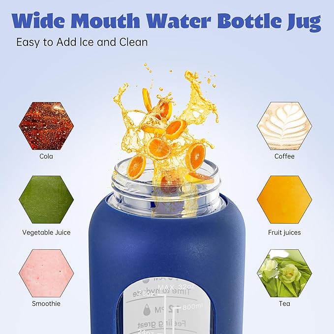 SIEROZUR 32 oz Glass Water Bottle with Straw and Handle Large Sports Motivational Water Bottle with Time Marker and 2 Lids, Leakproof Reusable Water Jug with Silicone Sleeve for Gym