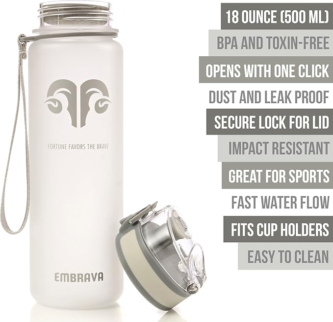 Embrava Best Sports Water Bottle - 17oz Small - Eco Friendly & BPA-Free Plastic - For Running, Gym, Yoga, Outdoors and Hiking - Fast Water Flow, Flip Top, Opens With 1-Click - Leak-proof Lid