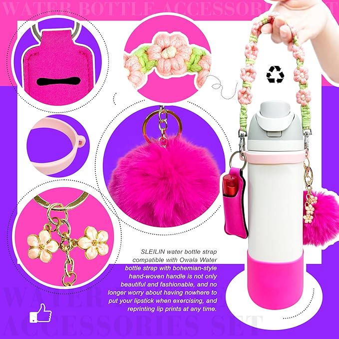 Water Bottle Accessories Set Compatible with Owala 24oz 32oz Including Water Bottle Handle Strap, Water Bottle Boot, Lipstick Bag, Pompom Ball, Daisy Key-chain, Compatible with Owala FreeSip.