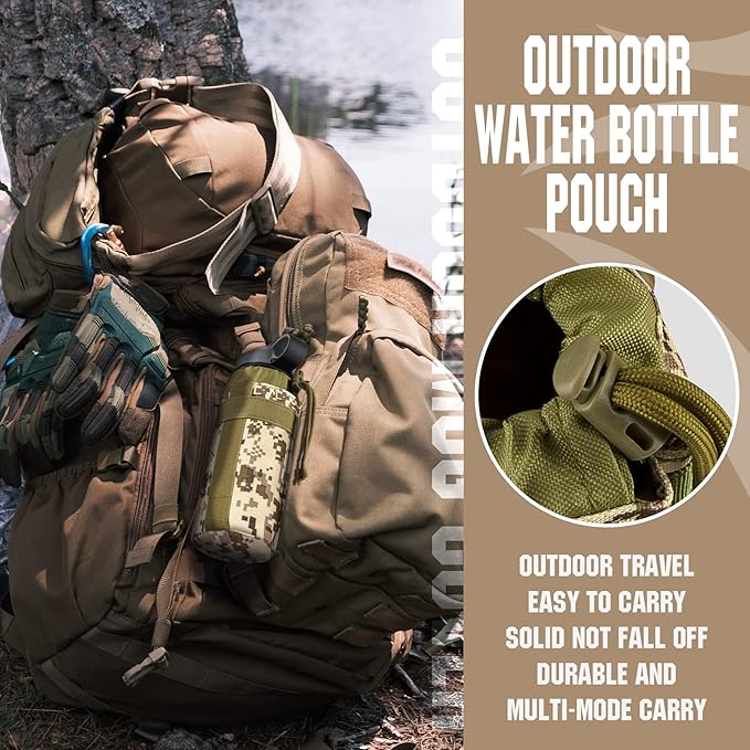IronSeals Adjustable Tactical Water Bottle Pouch Foldable MOLLE Water Bottle Holder Drawstring Open Top Travel Water Bottle Bag