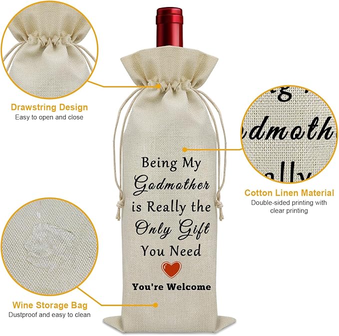 Sazuwu Godmother Gift Wine Bag New Godmother Gift Baptism Godmother Gift Wine Bottle Decoration Bag Godmother to Be Gift Mothers Day Gifts Godmother Gifts from Godchild Baptism Wine Accessory Gifts