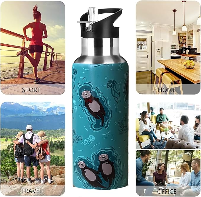 Cute Sea Otter Animal Sport Water Bottle with Straw, Vacuum Insulated Stainless Steel Thermal Drinking Travel Mug Cups For Gym Fitness Camping-20oz/600ml, Green