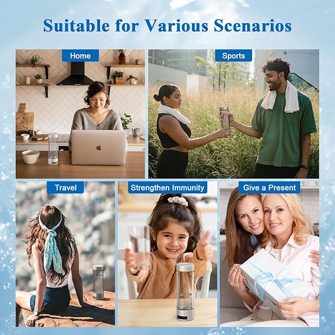 Hydrogen Water Bottle Generator, SPE/PEM Technology Hydrogen-Rich Water Bottle Hydrogen Concentration(+2800ppb), Portable Rechargeable Glass Hydrogen Water Ionizer Machine Gifts for Women&Men