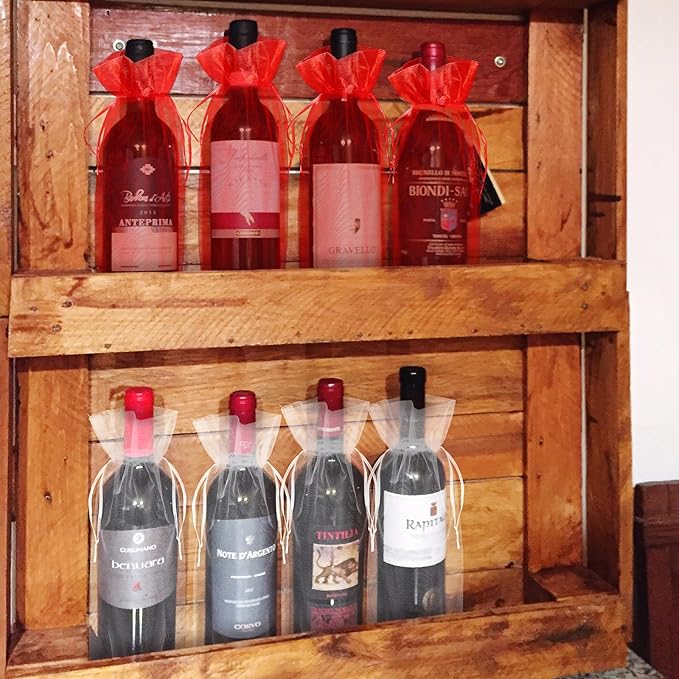 YaeYur 24pcs Organza Wine Bags Organza Wine Gift Bags Bulk Sheer Wine Gift Pouches Organza Wine Bottle Gift Bags with Drawstring for Christmas Wedding Baby Shower Birthday Party Festival Gift Favors