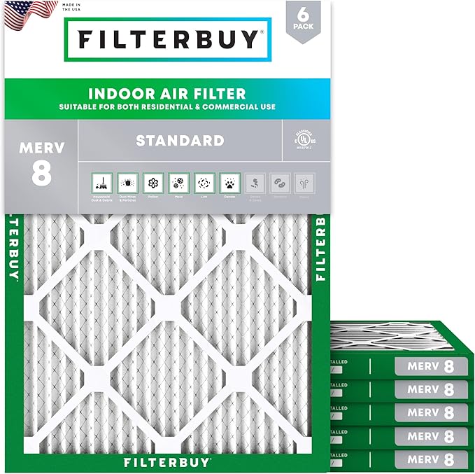 Filterbuy 10x14x1 Air Filter MERV 8 Dust Defense (6-Pack), Pleated HVAC AC Furnace Air Filters Replacement (Actual Size: 9.50 x 13.50 x 0.75 Inches)