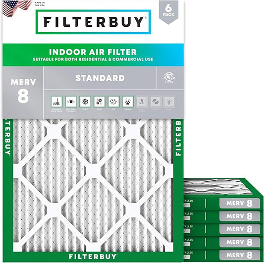 Filterbuy 16x21x1 Air Filter MERV 8 Dust Defense (6-Pack), Pleated HVAC AC Furnace Air Filters Replacement (Actual Size: 15.50 x 20.50 x 0.75 Inches)