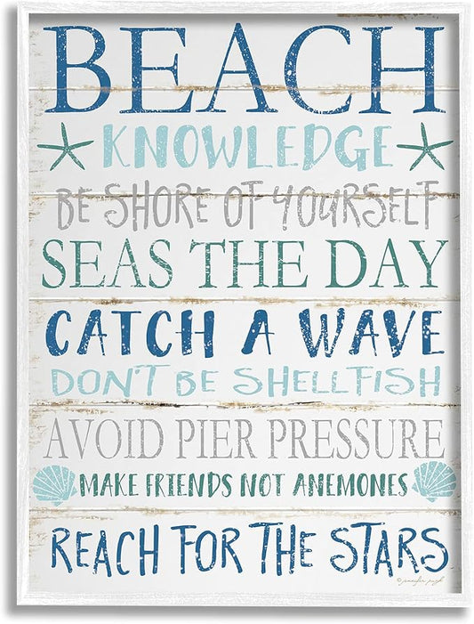 Stupell Industries cwp-367 Beach Knowledge Blue Aqua Planked Look Sign Wall Art, 16 x 20, White Framed